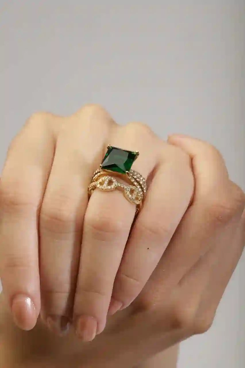 GIrl wearing Gold Square Engagement Ring - Aura. with Dior style ring. Shop at Mithra and Co.