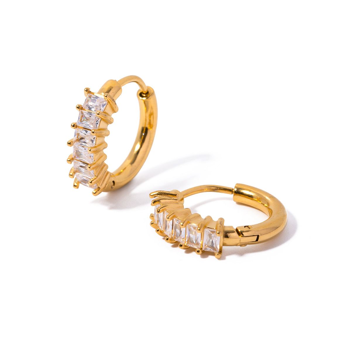 Shop Online: Baguette Huggie Hoop Earrings 18k Gold Plated Mithra and Co.