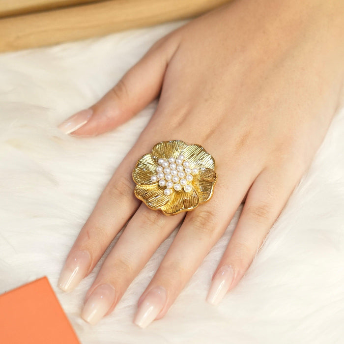 Wearing Gold Flower Ring with Petals - Blume. Shop Online at Mithra and Co.