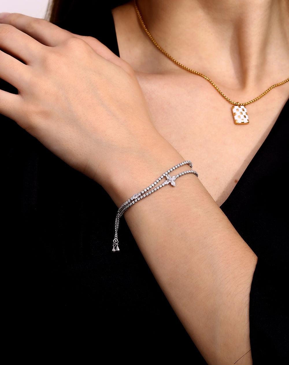 Wearing Crystal link - Silver plated Bracelet. Buy at Mithra and Co.