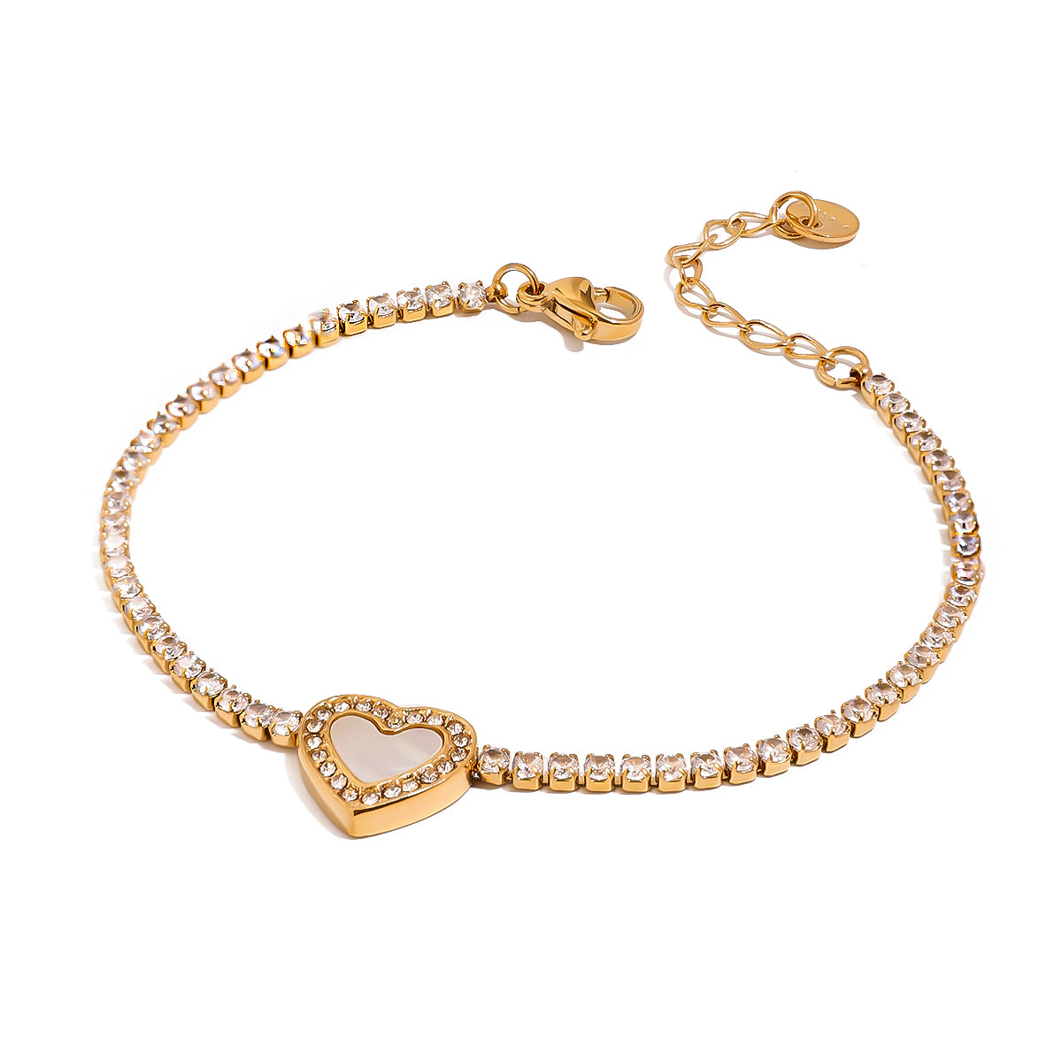 Shop Mithra and Co's Gold Plated Heart Bracelet with Zircons in each link.