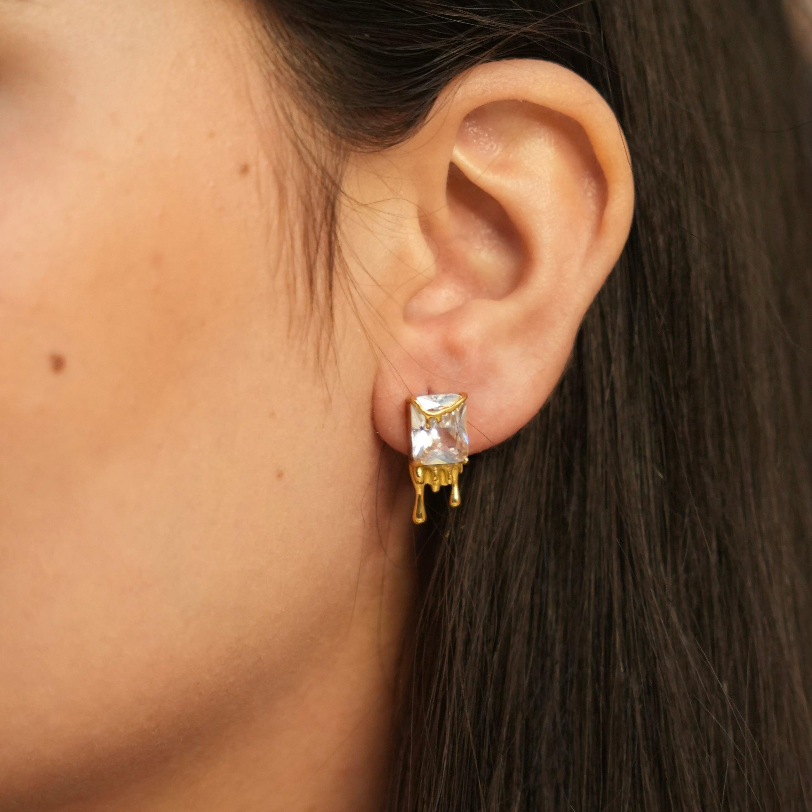 Girl wearing Dripping Studs - Shop 18k Gold Plated Liquid Gold Earrings Online at Mithra and Co.