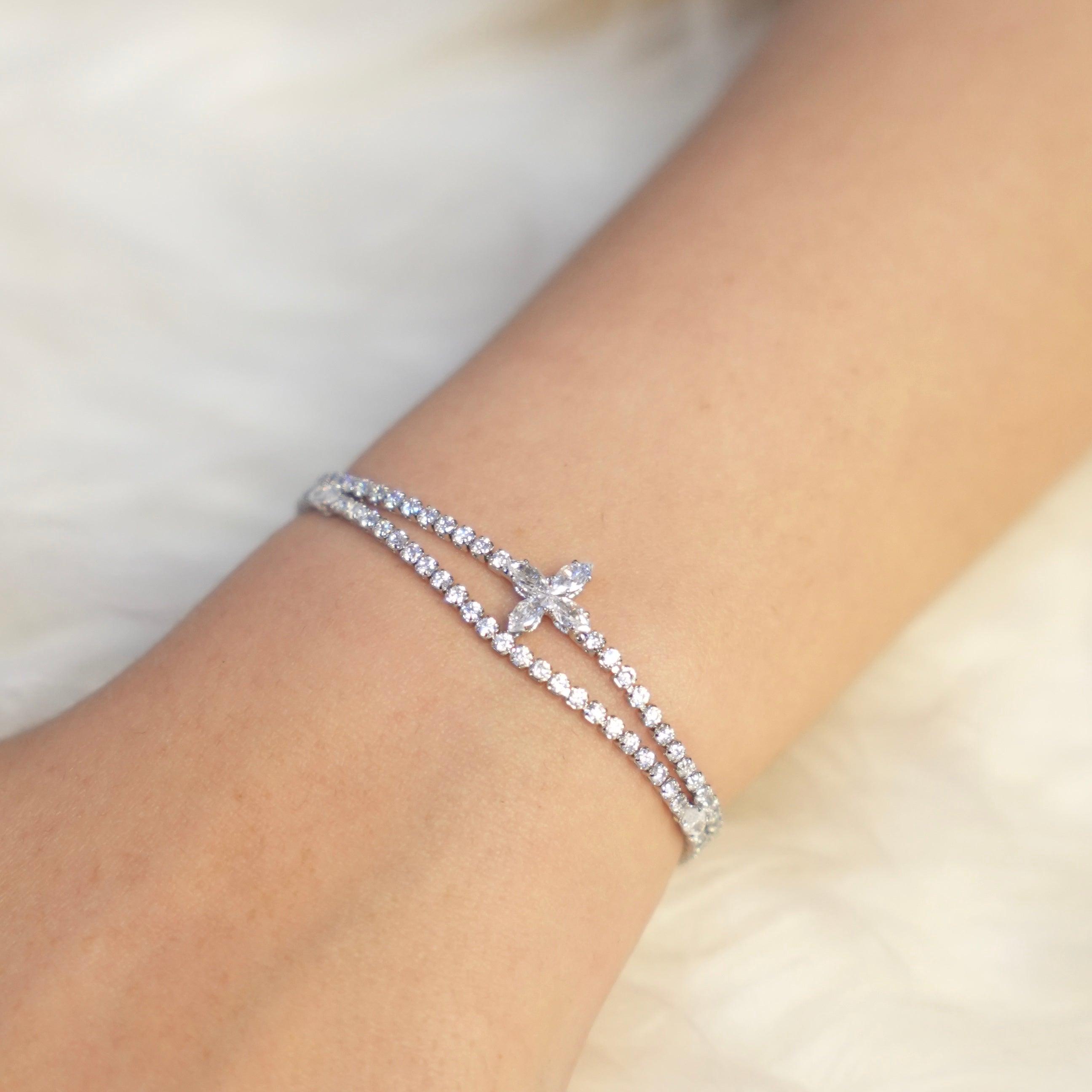 Wearing Crystal link - Silver plated Tennis Bracelet. buy now at Mithra and Co.