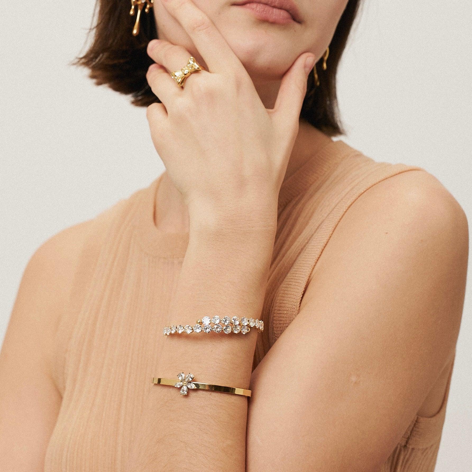 Wearing Radiant Allure Bangle - Shop 18k Gold Plated Adjustable Bracelet Online.