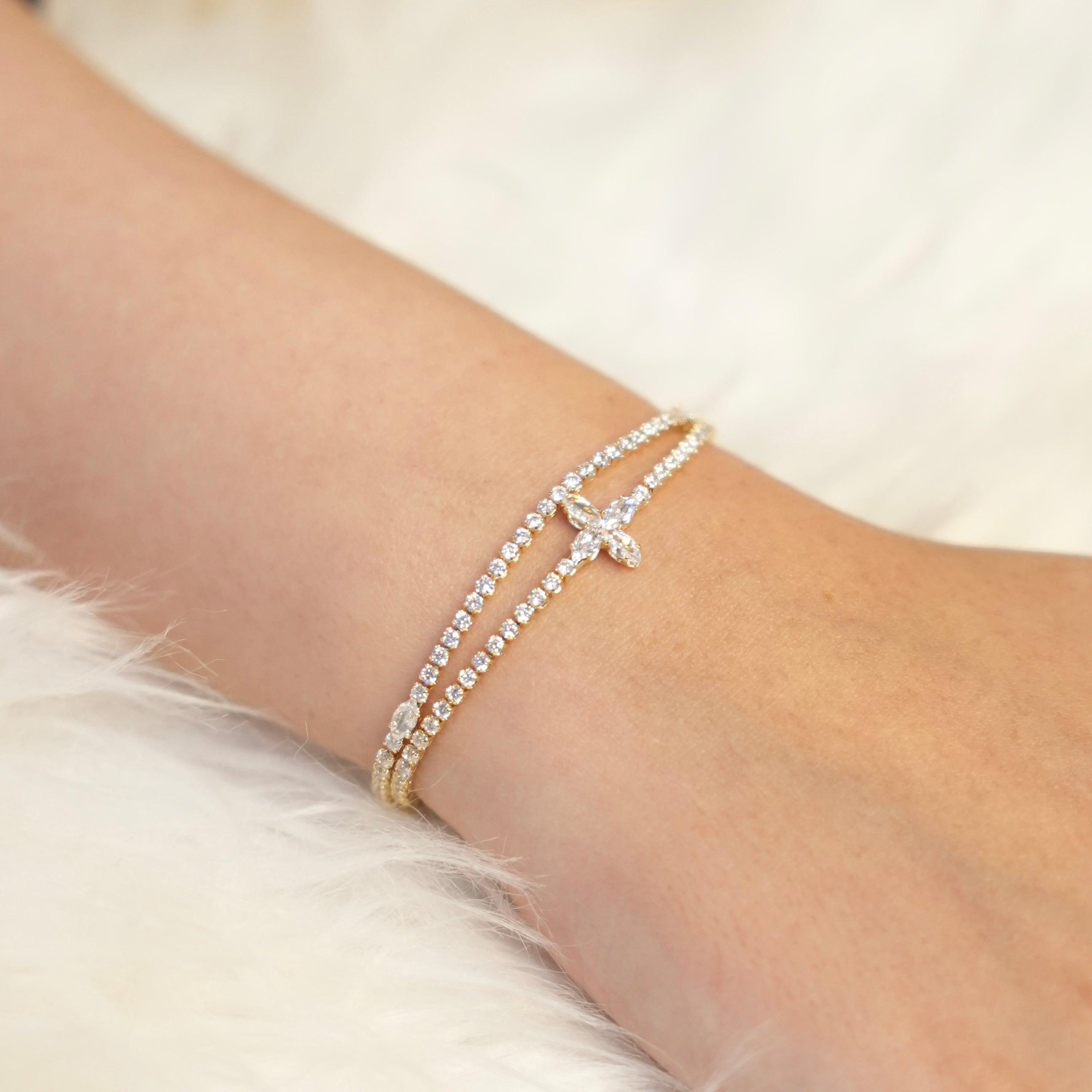 Wearing Crystal link - Gold plated Tennis Bracelet. Buy Online - Mithra and Co.