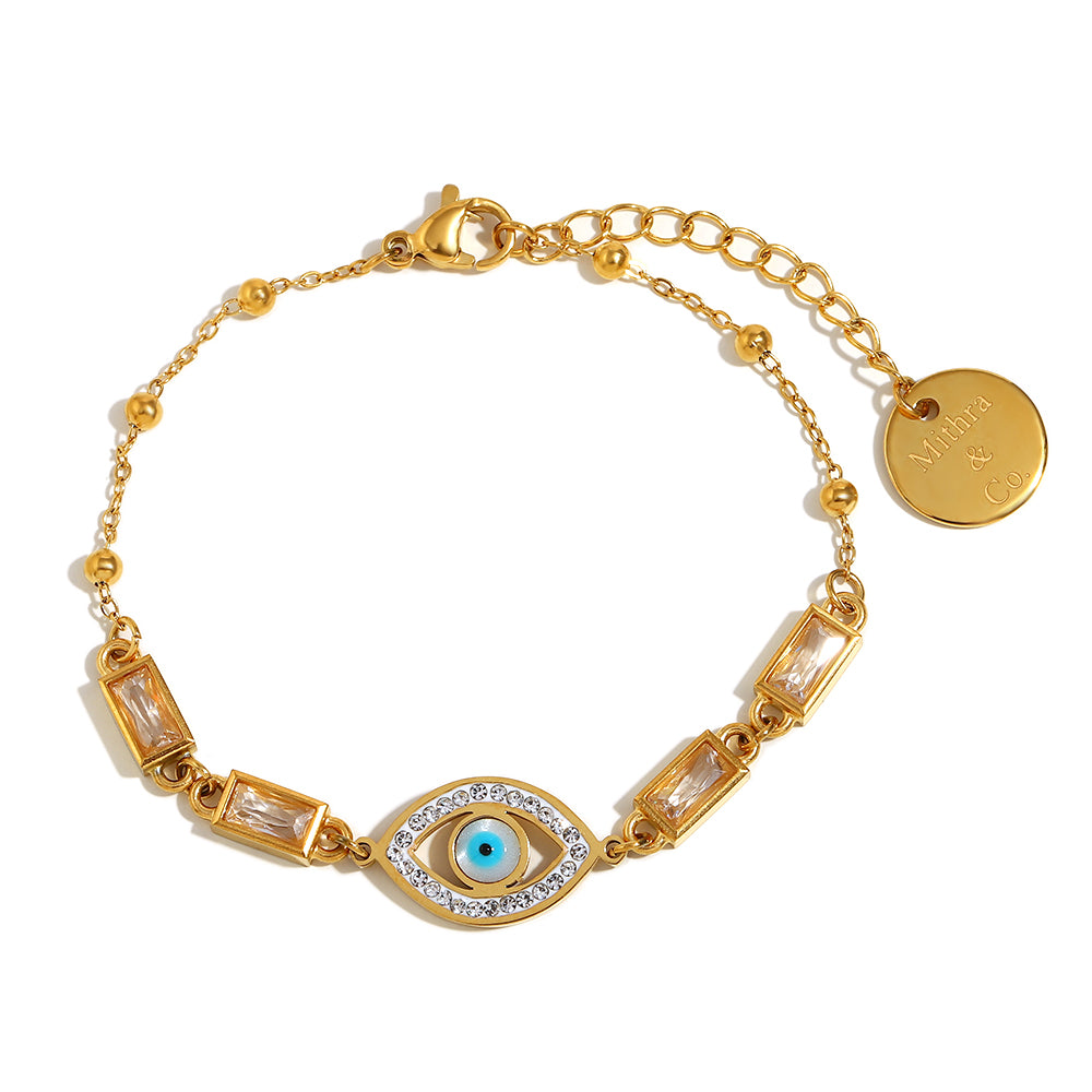 Style with Protection. Shop Sacred - A Lucky Eye Bracelet. 18k Gold Plated at Mithra and Co.
