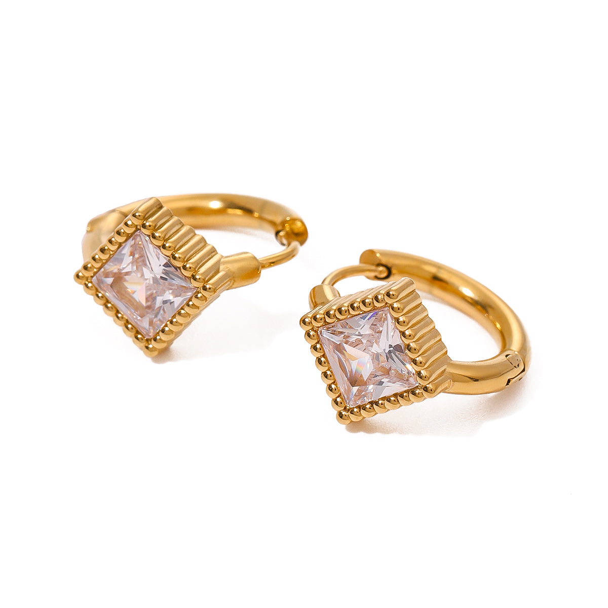 Shop Echo Huggie Hoop Earrings Square Zirconia. 18k Gold Plated at Mithra and Co.