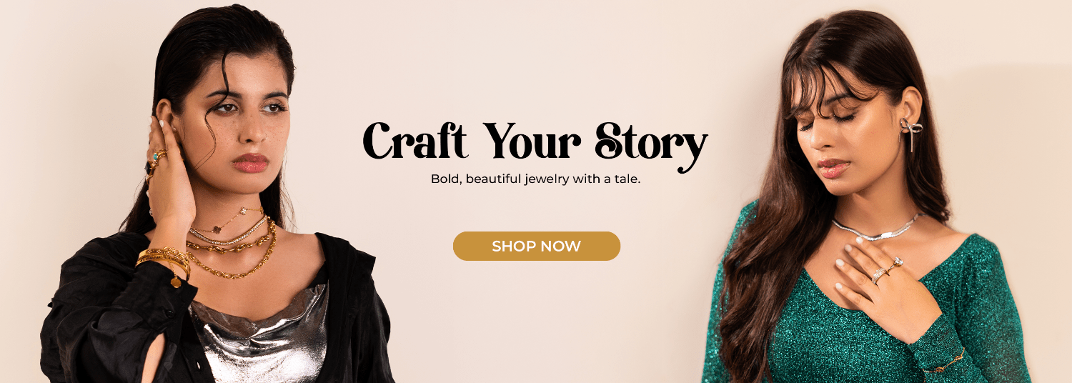 Two women wearing jewelry with text 'Craft Your Story' and a 'Shop Now' button on a beige background.